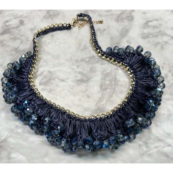 Vintage Blue Beaded Necklace Choker Crochet Bib Silver Tone 14" Long - Picture 2 of 6